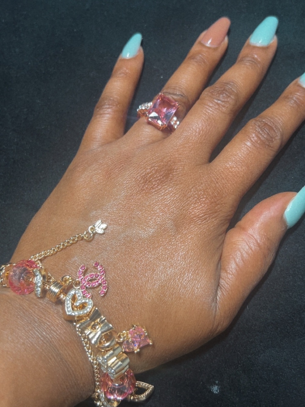 CC Gold-Tone Pink Crystal Cocktail bracelet&Ring - Women's Statement Jewelry - Picture 2 of 7